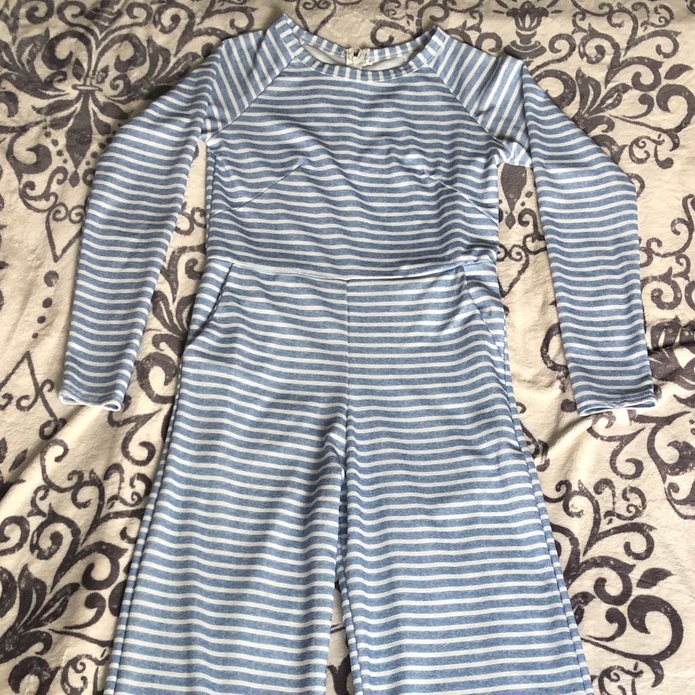 Blue and white striped romper with pockets